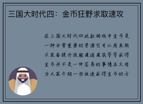 三国大时代四：金币狂野求取速攻